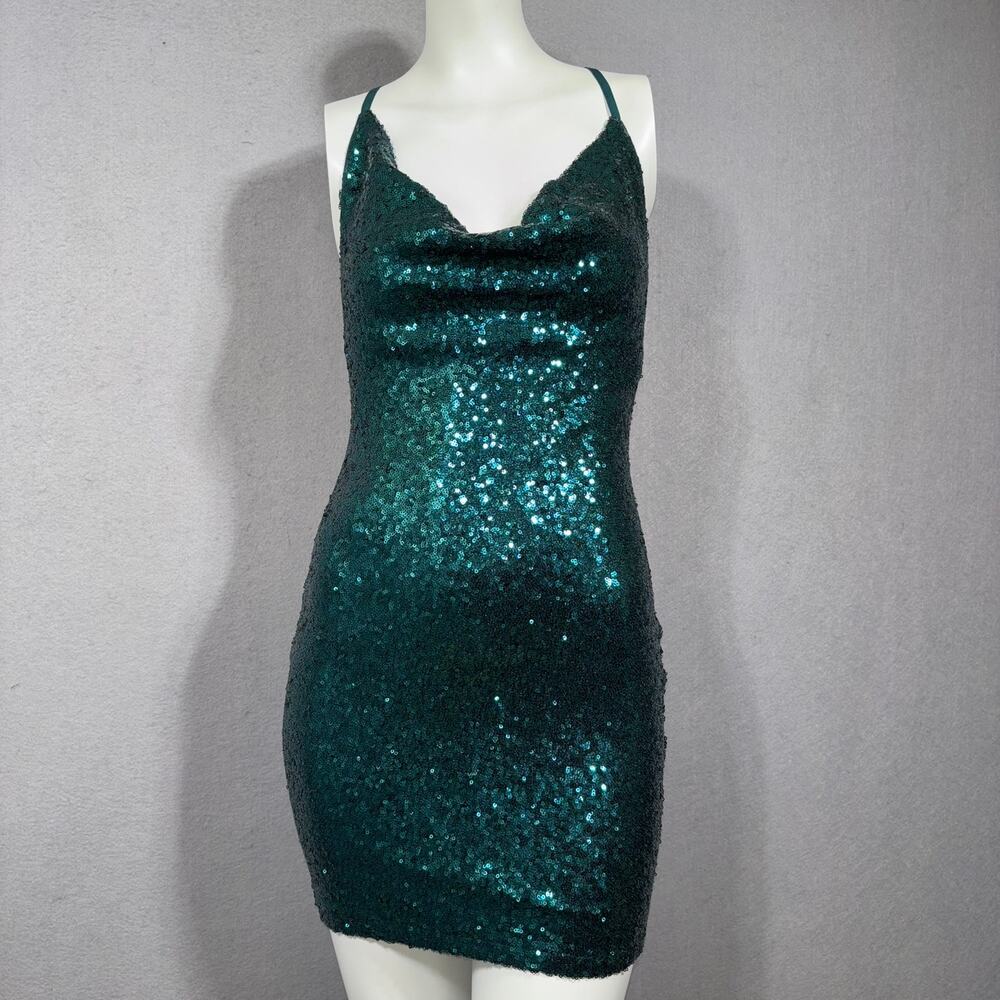 Fashion Nova Formal‎ Bodycon Emerald Green Shimmer Sequin Dress Size 6 Fairy